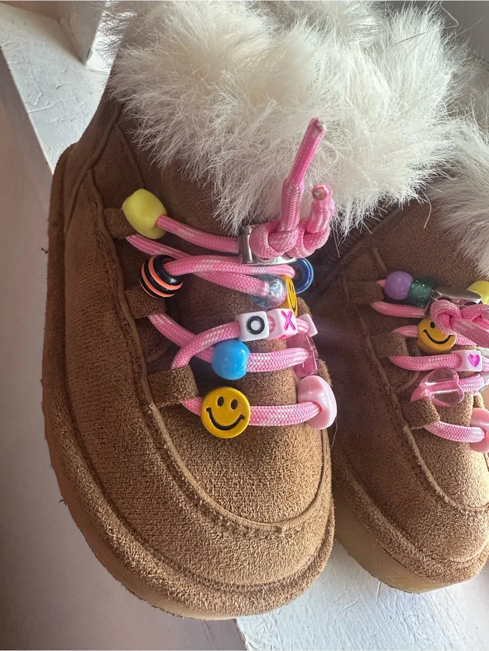 Kids Faux-Fur Lined Brown Winter Boots with Pink Beaded Laces